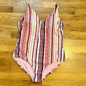 Raisins Curve Women 16 W Pink Striped v-neck Adjustable Strap One Piece Swimsuit